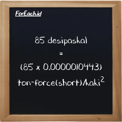 Cara konversi desipaskal ke ton-force(short)/kaki<sup>2</sup> (dPa ke tf/ft<sup>2</sup>): 85 desipaskal (dPa) setara dengan 85 dikalikan dengan 0.0000010443 ton-force(short)/kaki<sup>2</sup> (tf/ft<sup>2</sup>)